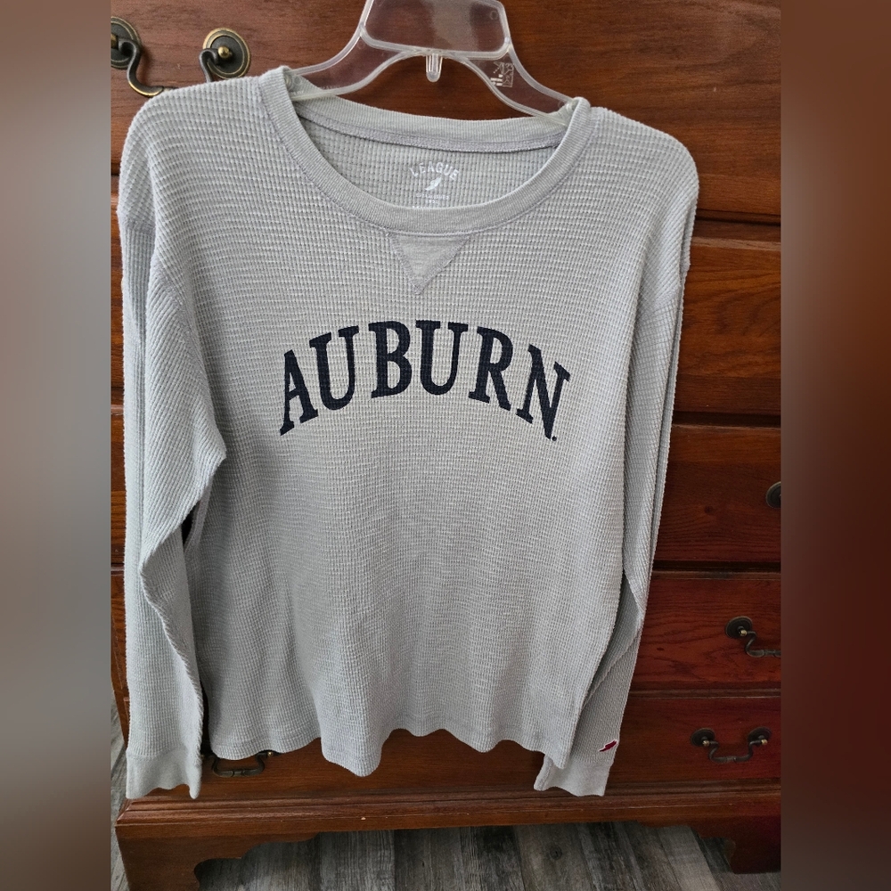 Gray, Waffle Knit,Long Sleeve Shirt With AUBURN In Blue, League Brand, Size MED